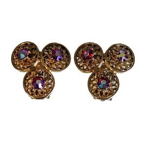 Vintage Coro Gold Filigree Rhinestone Clip On Earrings with Triple Circles